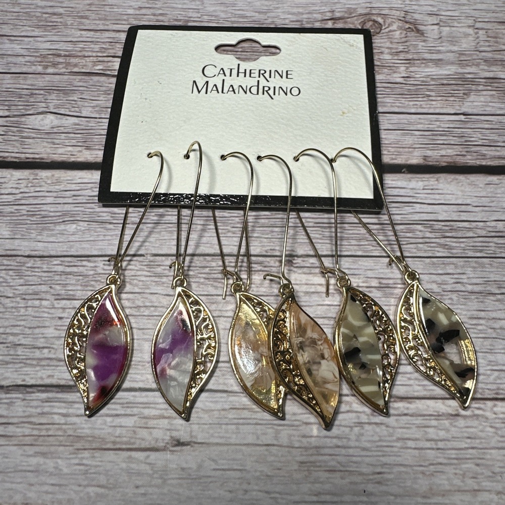 Catherine Malandrino Dangle Earrings Set of 3 NEW Gold Tone hooks